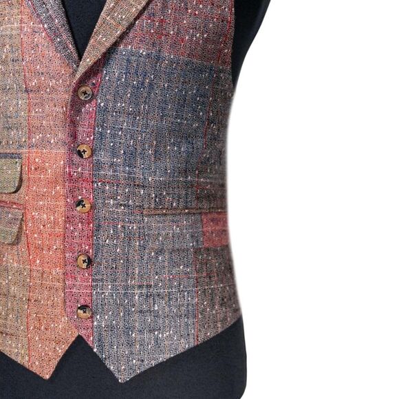 Mens Plaid Vest 42R Multicolor Patchwork Wool Waistcoat Formal Wedding Party - Picture 6 of 10